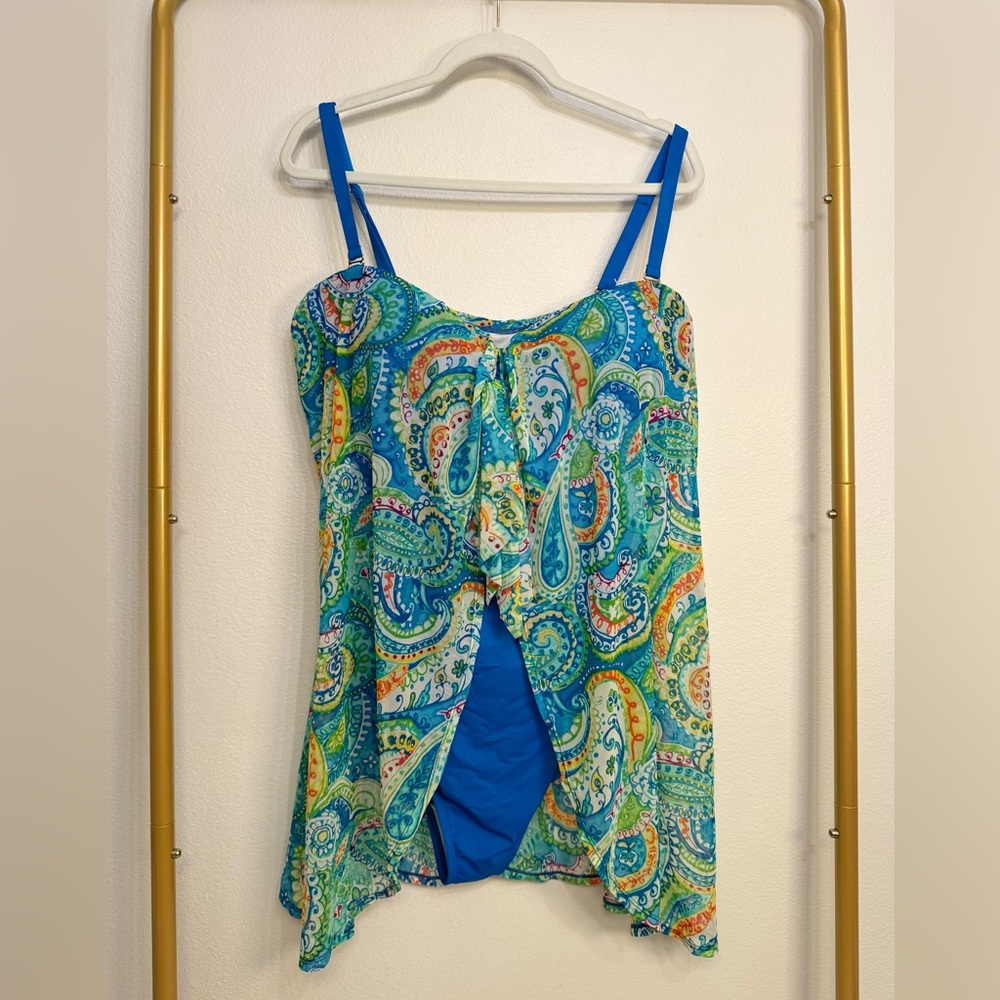 Lauren Ralph Lauren Paisley Overlay One-Piece Swimsuit Turquoise Women’s Sz 22